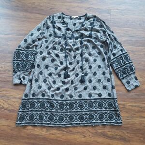 Love Johnny Was Gray Silk Embroidered Edgy Feminine Bohemian Flowy Tunic Size XL